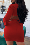 Vestidos de falda lápiz con cuello vuelto de malla sólida sexy roja