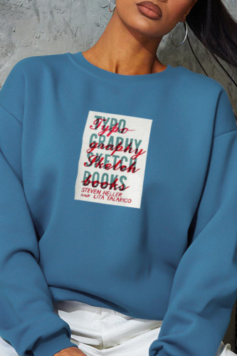 Blue Fashion Street Print Letter O Neck Tops