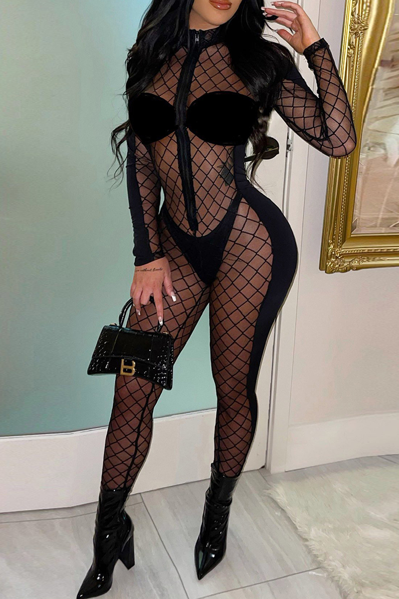

Black Fashion Sexy Patchwork See-through Zipper Collar Skinny Jumpsuits