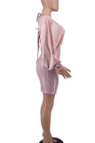 Vestidos de falda de un paso con cuello en V y lentejuelas de vendaje sólido sexy rosa