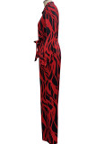 Красные повседневные прямые комбинезоны с отложным воротником и пряжкой в ​​стиле пэчворк с принтом