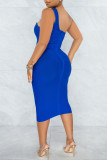 Vestido sin mangas de un hombro sin espalda con parches lisos sexy de moda azul Vestidos