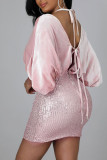 Vestidos de falda de un paso con cuello en V y lentejuelas de vendaje sólido sexy rosa