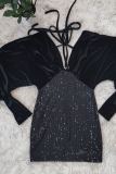 黒のセクシーなパッチワークスパンコールVネックペンシルスカートドレス