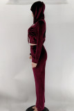 Burgundy Casual Solid Patchwork Zipper Hooded Collar Long Sleeve Two Pieces
