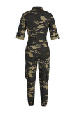 Camouflage Fashion Casual Camouflage Print Bandage Reißverschluss Kragen Regelmäßige Overalls