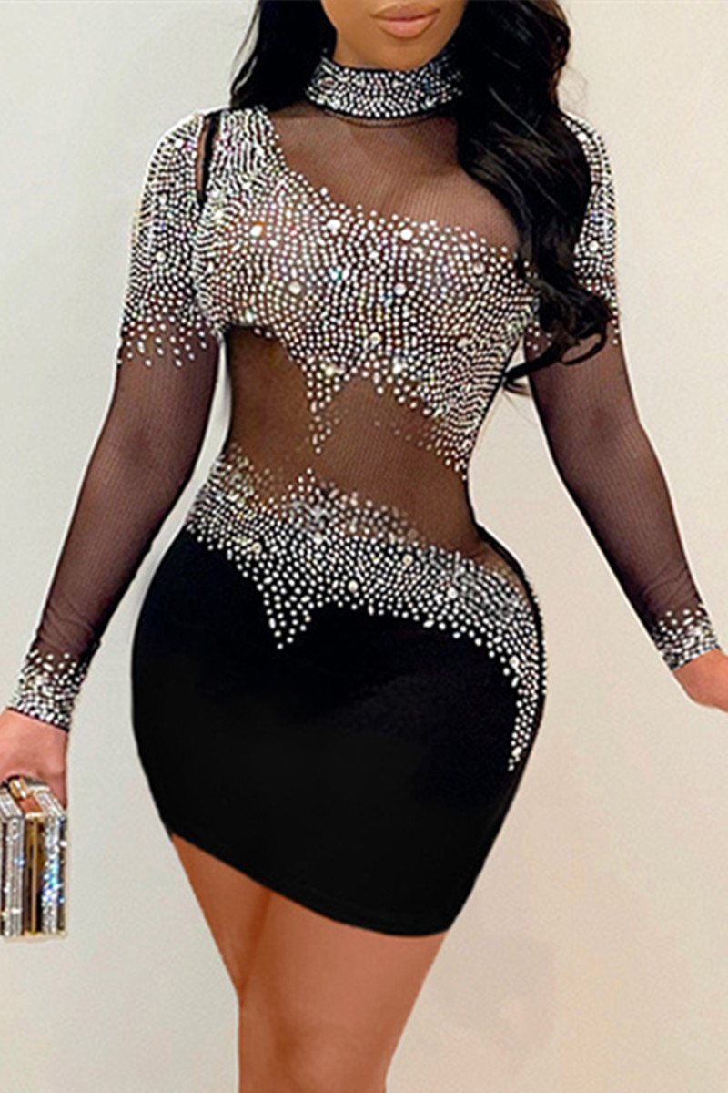 

Black Sexy Patchwork Hot Drilling See-through Backless Turtleneck Long Sleeve Dresses