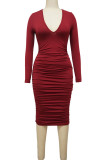Vestidos de saia de um passo de patchwork sólido vermelho sexy com decote em V