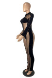 Black Fashion Sexy Patchwork See-through Zipper Collar Skinny Jumpsuits