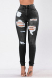 Schwarze, lässige, zerrissene Street-Denim-Jeans mit Patchwork und hoher Taille