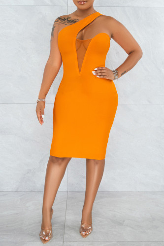 Orange Fashion Sexy Solid Patchwork Backless One Shoulder Sleeveless Dress Dresses
