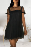 Черное сексуальное повседневное сплошное прозрачное платье с круглым вырезом и коротким рукавом