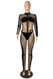 Macacão skinny preto fashion sexy patchwork transparente com zíper e gola