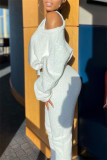 Weiß Mode Lässig Einfarbig Grundlegend Schräger Kragen Langarm Dreiteiliges Set