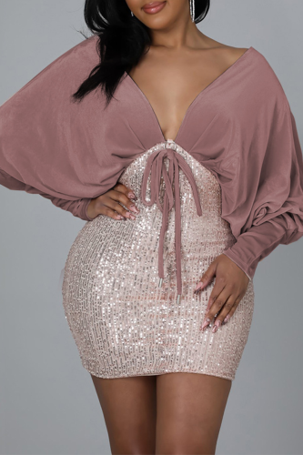 Brown Sexy Patchwork Sequins V Neck Pencil Skirt Dresses