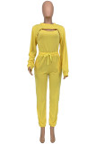 Yellow Casual Solid Patchwork O Neck Three Pieces