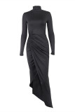 Red Fashion Sexy Solid Slit Fold Turtleneck Long Sleeve Evening Dress