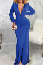 Vestidos sensuais azuis com fenda de retalhos e decote em V