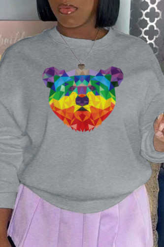 Grey Fashion Casual Print Patchwork O Neck Tops