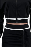 Black Casual Solid Patchwork Flounce Asymmetrical Zipper Zipper Collar Long Sleeve Two Pieces