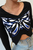 Tops con cuello en V asimétrico con estampado de mariposa casual de moda negra