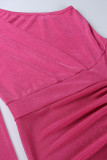 ローズレッドセクシーなソリッドパッチワークスリット折り非対称斜め襟ワンステップスカートドレス