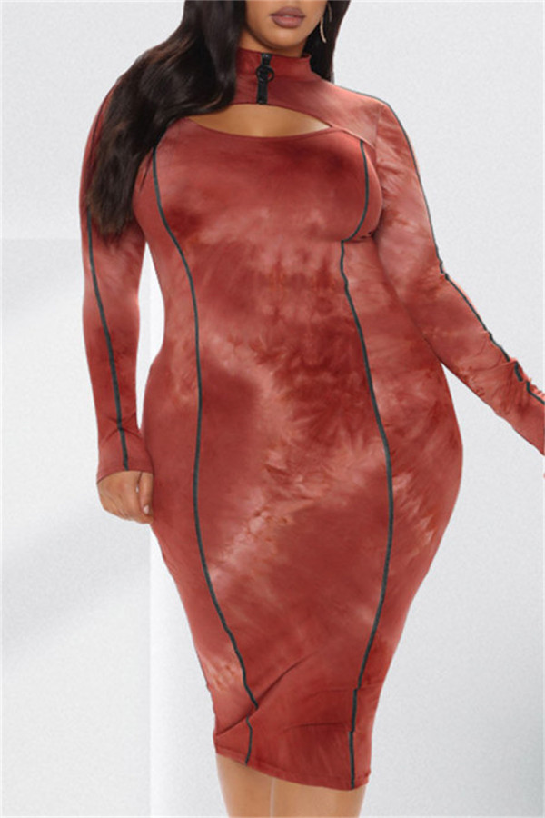 赤のセクシーなカジュアルプリントくり抜かれたタートルネック長袖ドレス