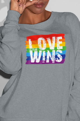 Grey Casual basis Print Letter O Neck Tops