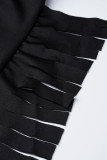 Robes noires décontractées à la mode avec pompons solides et col en V à manches longues et grande taille