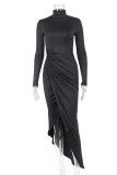 Black Fashion Sexy Solid Slit Fold Turtleneck Long Sleeve Evening Dress