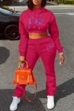 ピンクファッションカジュアルレタープリントベーシックフード付きカラー長袖ツーピース