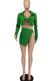 Green Sexy Solid Patchwork Buttons Asymmetrical Turndown Collar Long Sleeve Three Pieces