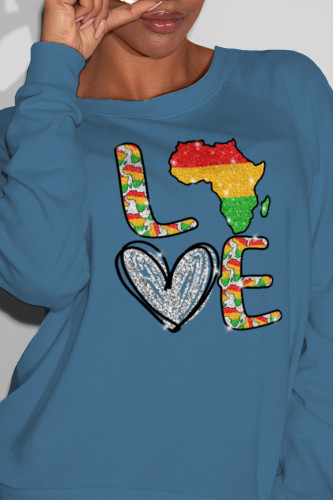Blue Casual Daily Print Patchwork O Neck Tops