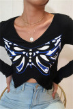 Tops con cuello en V asimétrico con estampado de mariposa casual de moda negra