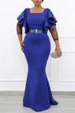 Blau Mode Patchwork Volant Sicke O-Ausschnitt A-Linie Kleider in Übergröße (mit Gürtel)