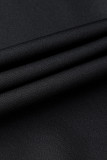 Moda preta casual sólida borla com decote em V manga comprida vestidos plus size