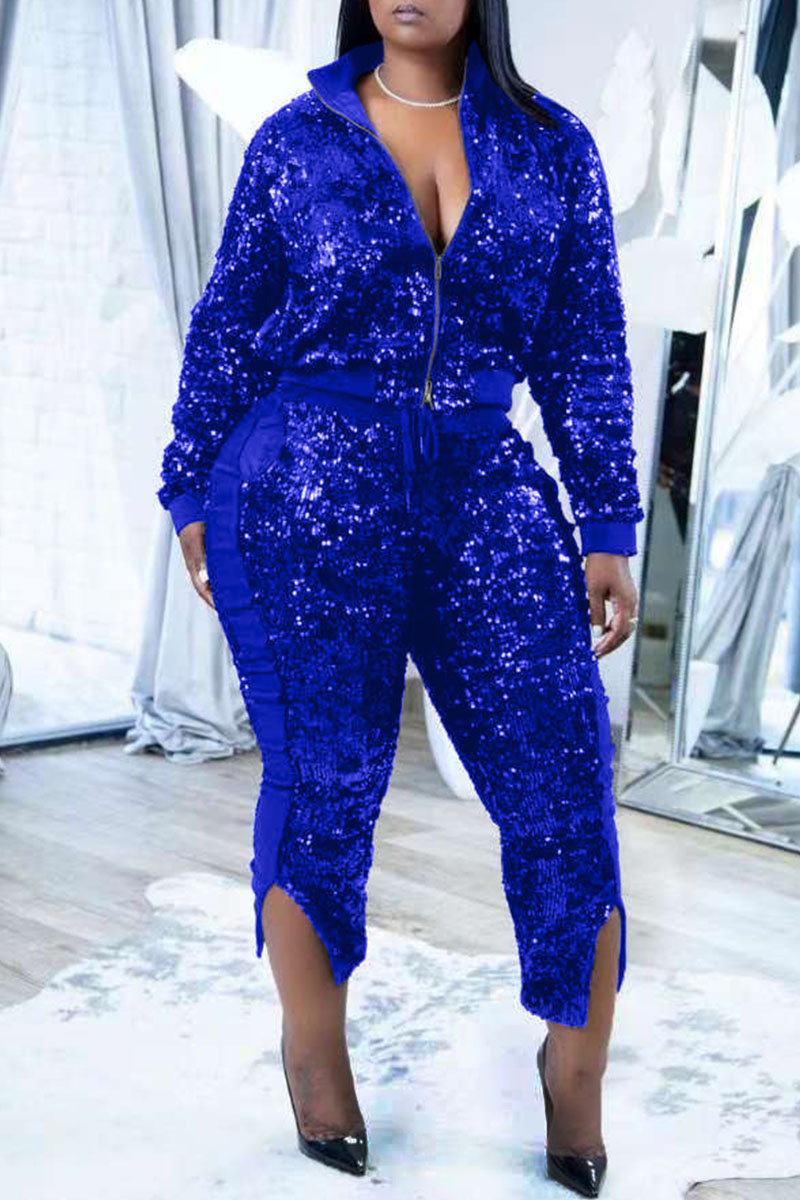Blue Casual Solid Patchwork Slit Zipper Long Sleeve Two Pieces