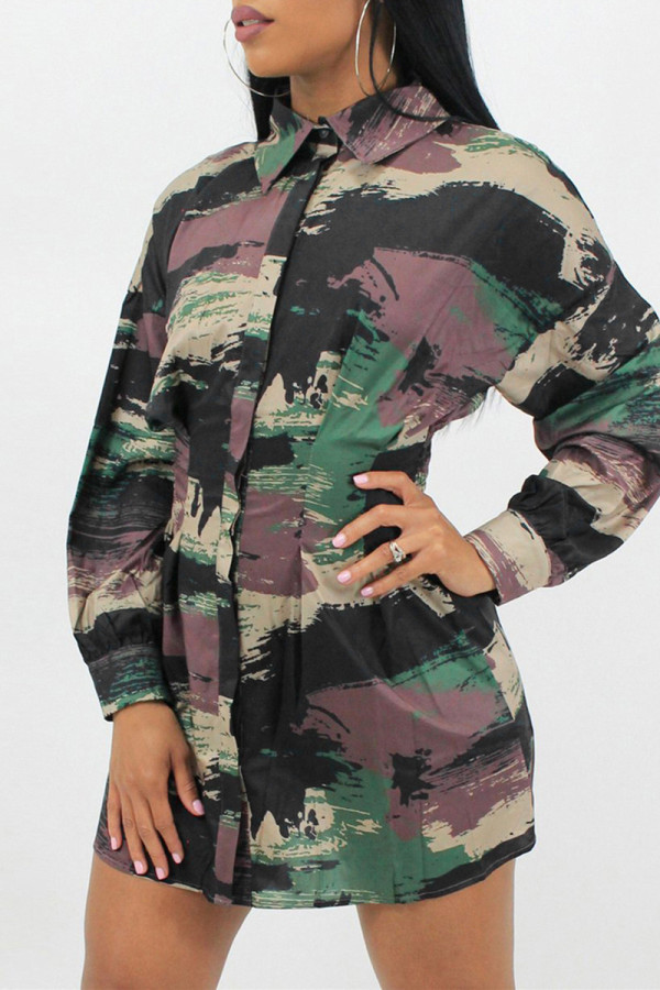 Camouflage Mode Casual Camouflage Print Basic Turndown-skjortaklänning
