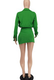 Green Sexy Solid Patchwork Buttons Asymmetrical Turndown Collar Long Sleeve Three Pieces