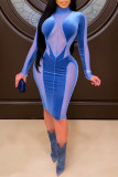 Azul Sexy Retazos lisos Transparente Cuello alto Falda de un paso Vestidos