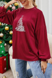 Burgundy Fashion Casual Christmas Tree Printed Basic O Neck Tops