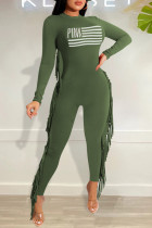 グリーンファッションカジュアルレタープリントリベットOネックスキニージャンプスーツ