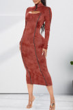 Red Sexy Casual Print Hollowed Out Turtleneck Long Sleeve Dresses