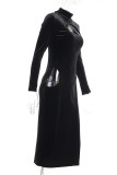 Black Sexy Solid Hollowed Out Patchwork Slit Turtleneck Straight Dresses