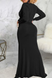 Vestidos sensuais pretos de retalhos sólidos com fenda e decote em V