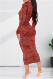 Rode sexy casual print uitgeholde coltrui jurken met lange mouwen