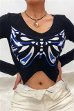 Zwarte mode casual vlinderprint asymmetrische v-hals tops
