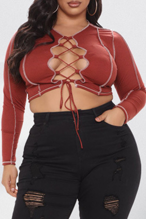 Bourgondië Sexy Casual Solid Bandage Uitgehold O-hals Plus Size Tops