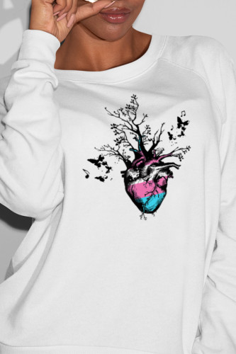 White Fashion Simplicity Print Patchwork O Neck Tops