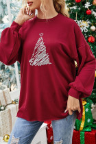 Burgund Fashion Casual Christmas Tree Printed Basic O Neck Tops